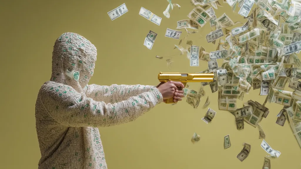 A hooded figure, clad in a garment seemingly made of dollar bills, fires a gold handgun.  From the barrel, a stream of money erupts, showering the scene in a flurry of cash. The image suggests a surreal and possibly satirical commentary on wealth, power, and the potentially destructive nature of greed.  The muted background emphasizes the vibrant display of money.