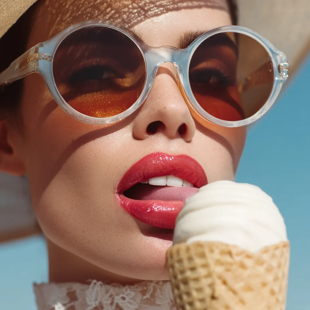 Close-up of a woman's face, wearing a straw hat and large, translucent sunglasses.  Her lips are painted a vibrant red, and she's licking a scoop of ice cream from a waffle cone.  The sun casts shadows on her face, creating a warm, summery feel.  She's dressed in a white, lacy garment.