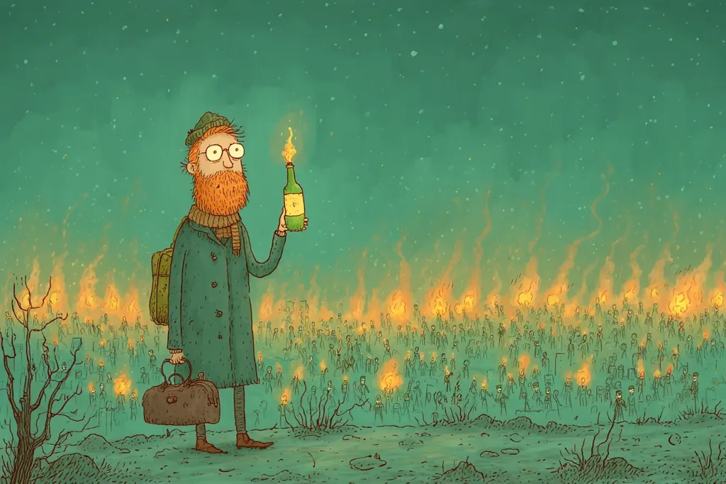 A whimsical illustration depicts a red-bearded man, clad in a green coat and carrying a satchel, holding a flaming bottle.  He stands before a vast crowd, each figure holding a small flame, creating a sea of fire in the eerie green landscape. The scene is set against a dark, star-dusted night sky, suggesting a surreal and possibly unsettling narrative.