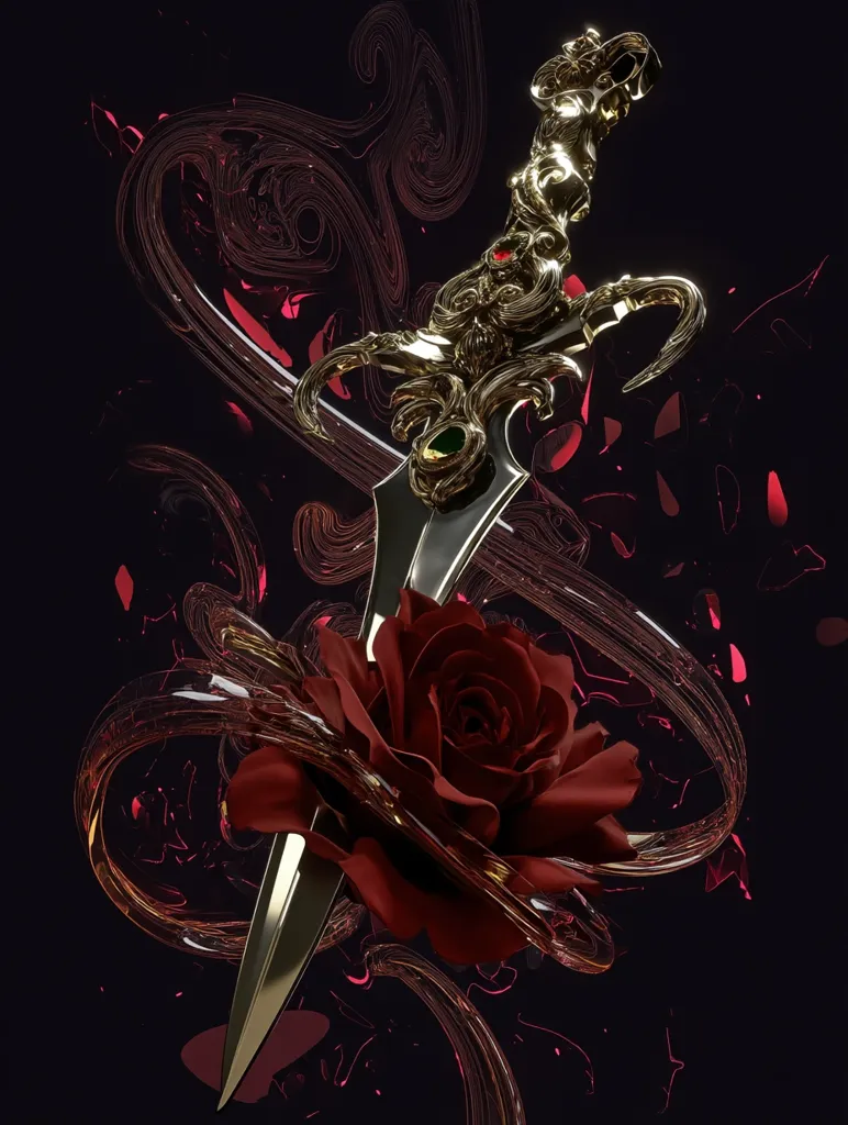 A gold ornate dagger, detailed with intricate carvings and a green gemstone, pierces a deep red rose.  The scene is set against a dark background with swirling, translucent amber ribbons, creating a dramatic and artistic contrast between the sharp weapon and the delicate flower.  Red fragments scatter around, enhancing the sense of movement and intensity.