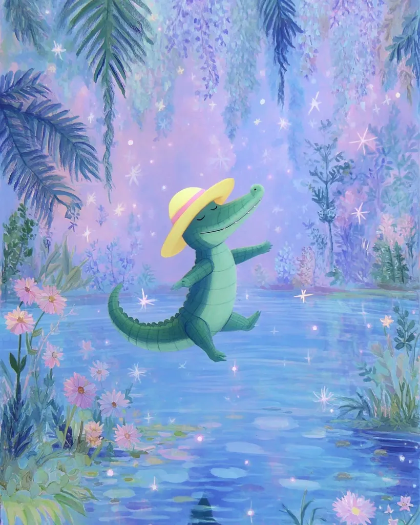 A whimsical painting depicts a cheerful alligator wearing a straw hat, joyfully leaping over a serene, starlit swamp.  Pastel colors dominate the scene, showcasing vibrant flora and a tranquil body of water.  The overall mood is dreamy and enchanting, reminiscent of a children's storybook illustration.  Purple flowers and lush greenery surround the alligator, adding to the magical atmosphere.