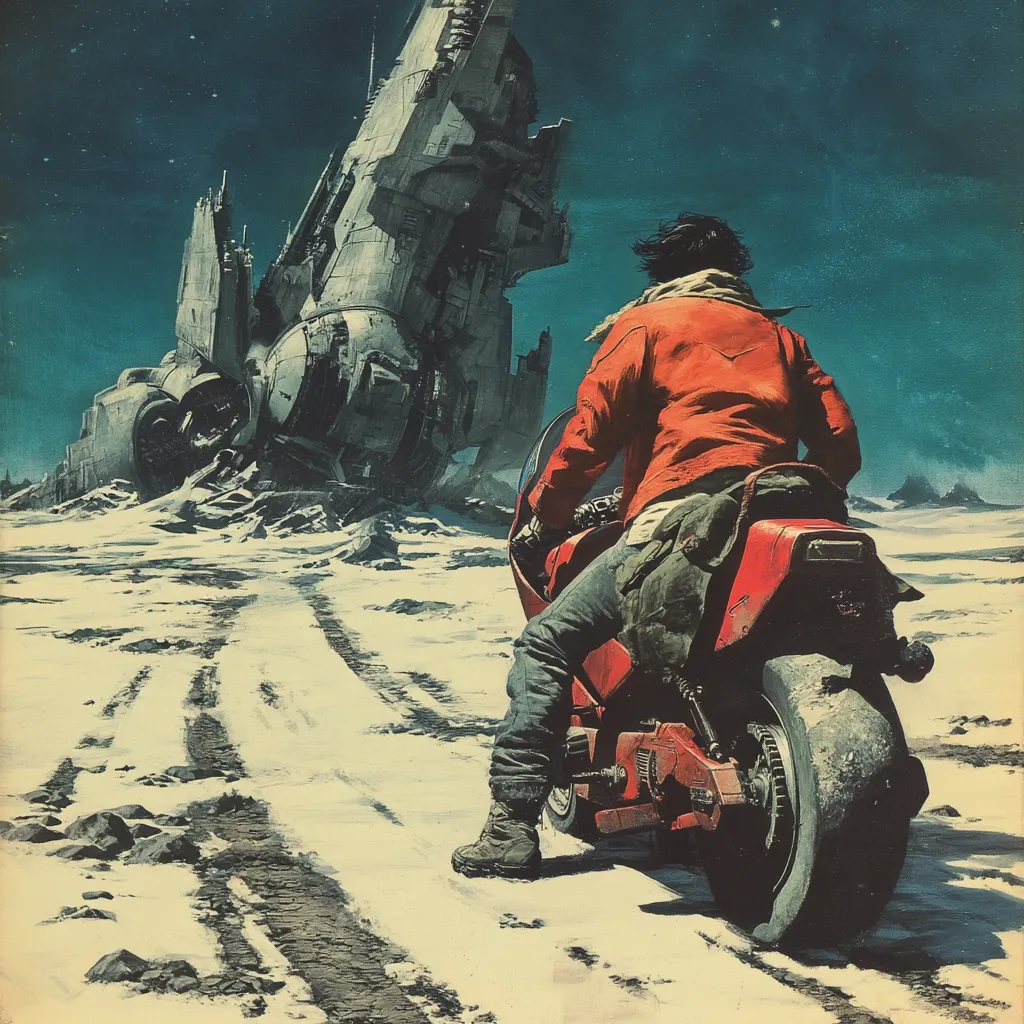 A lone figure on a futuristic red motorcycle rides away from a crashed spaceship in a desolate, snow-covered landscape.  The vast, dark sky contrasts with the stark, cold environment.  The wreckage of the ship dominates the background, suggesting a post-apocalyptic or sci-fi setting.  The rider's back is turned, leaving their destination and purpose unknown.  Tire tracks mark the path through the snow, leading away from the fallen vessel.