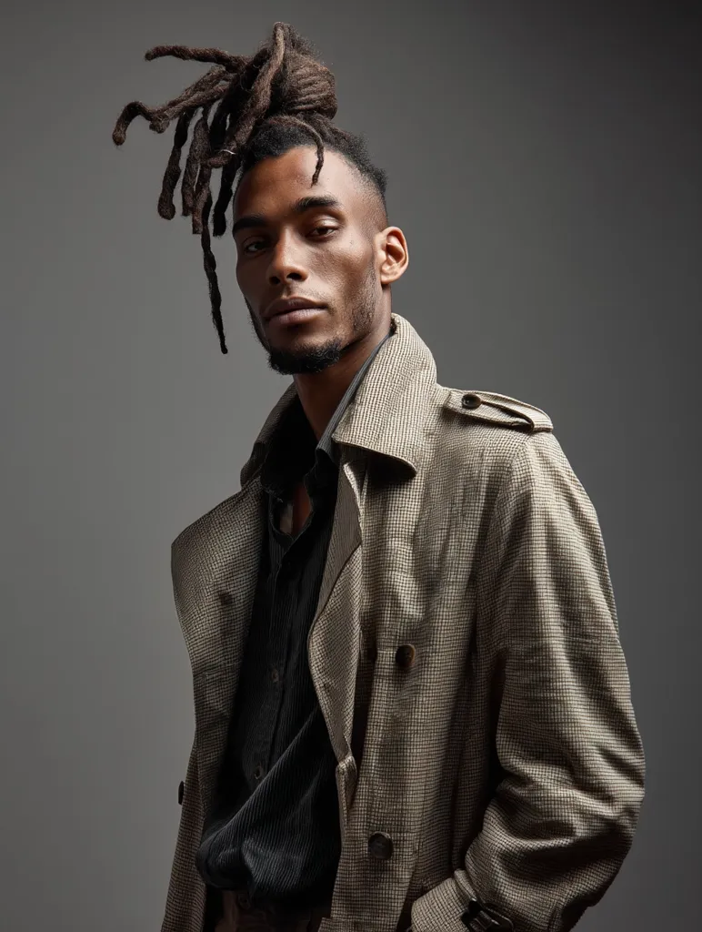 A young man with dark skin and dreadlocks styled in a topknot wears a tan, textured overcoat over a dark collared shirt.  He stands against a neutral gray backdrop, his gaze directed slightly away from the camera, creating a mood of quiet confidence and sophistication.  The image emphasizes texture and contrast in both clothing and expression.