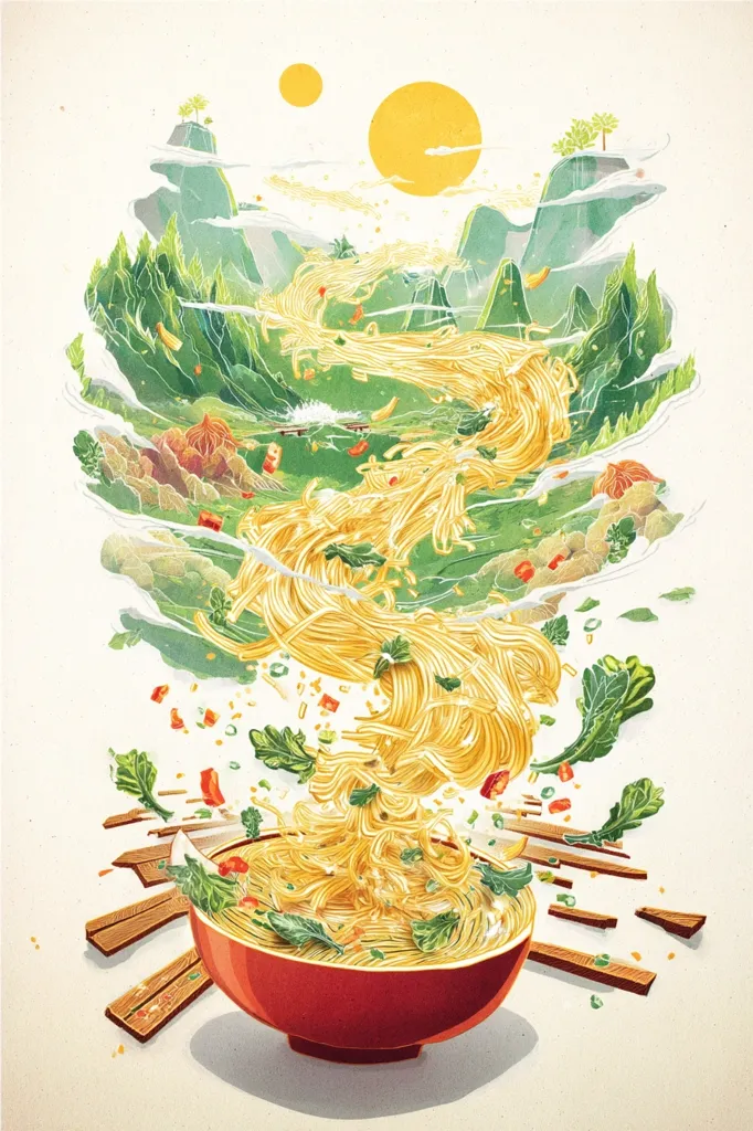 A vibrant illustration depicts a bowl of noodles as the centerpiece.  Noodles cascade from above, forming a river flowing through a stylized landscape of green mountains and a sun.  The scene is whimsical, blending culinary imagery with artistic landscape painting.  Chopped vegetables are scattered around the bowl, adding to the dynamic composition.  The overall effect is one of playful energy and deliciousness.