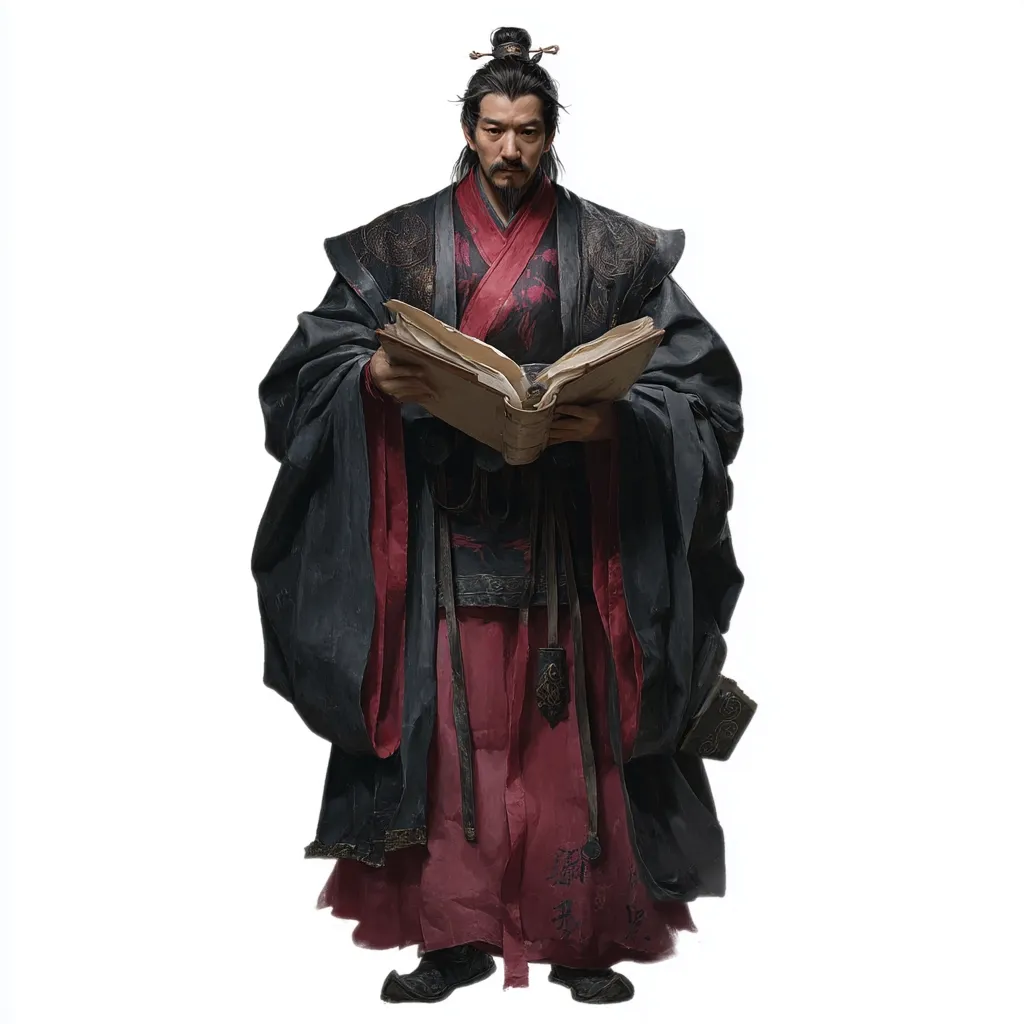 A man with dark hair tied up in a topknot, dressed in a long, dark robe over a burgundy undergarment, stands against a white background. He holds an open, aged book, his gaze directed forward.  The robe features intricate details and embellishments. His expression is serious and contemplative, suggesting a scholar or official of high rank.  The overall style evokes imagery from East Asian historical dramas.
