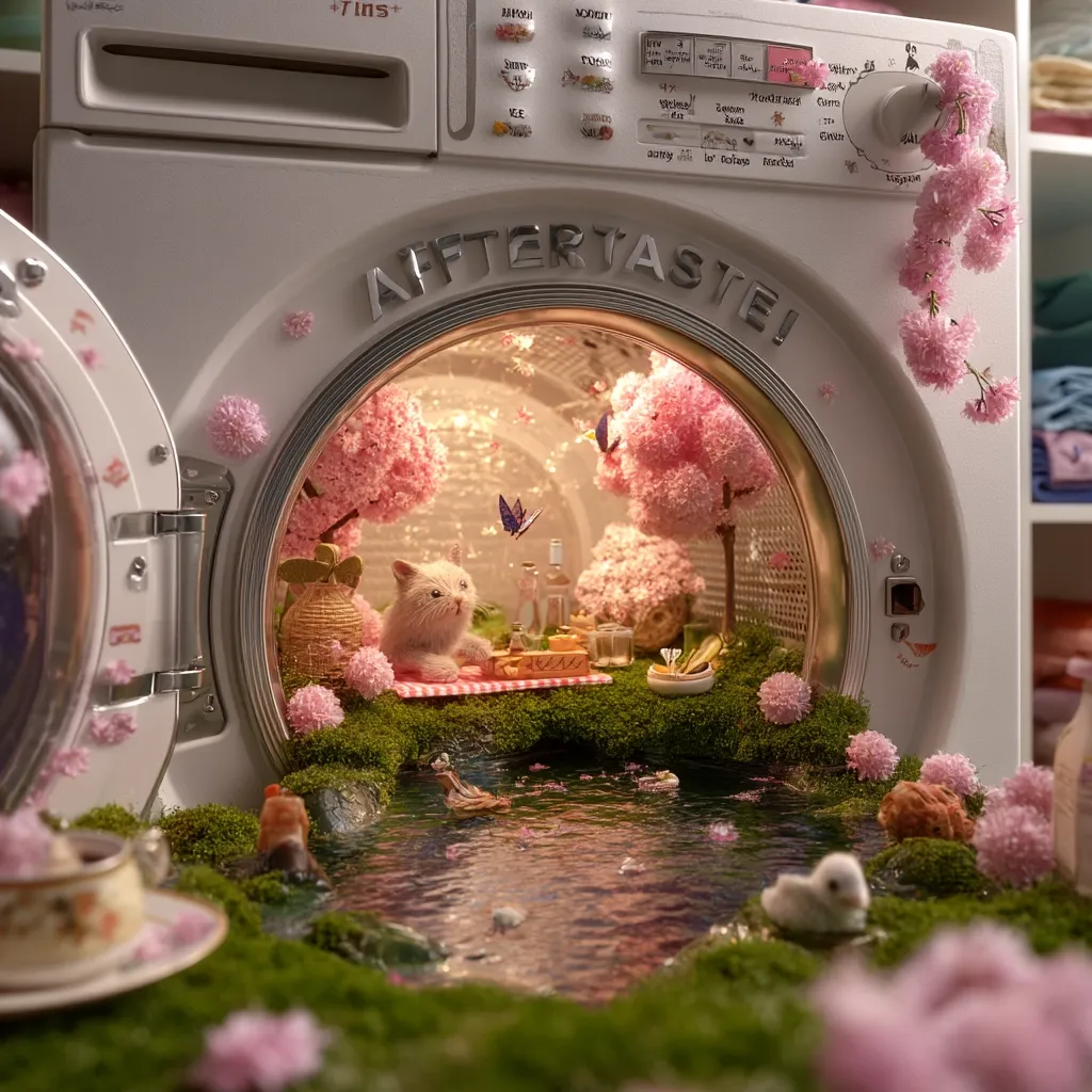 A whimsical scene unfolds inside a washing machine's drum.  A miniature landscape features a white cat enjoying a picnic under blossoming cherry trees near a small pond with miniature swans.  The overall aesthetic is pastel and dreamy, with soft lighting illuminating the charming details of this surreal artwork. The word "AFTERTASTE!" is prominently displayed on the machine.