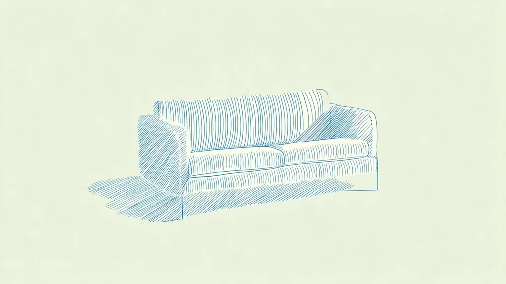 A simple line drawing of a couch is presented against a pale green background. The couch is depicted with hatch-mark shading, suggesting fabric texture. Its design is understated, with clean lines and a two-cushion seat.  The drawing style is reminiscent of a sketch or technical illustration, offering a minimalist representation of the furniture piece.  A subtle shadow is included beneath the couch, adding depth to the image.