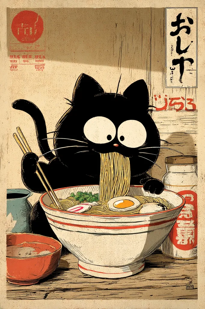 A stylized illustration features a black cat enthusiastically consuming a large bowl of ramen.  The cat holds chopsticks, slurping noodles, in a vintage-style poster design.  Japanese characters are present, along with a bottle of what appears to be a beverage. The overall aesthetic is reminiscent of Japanese woodblock prints.  A small bowl sits beside the larger ramen bowl.