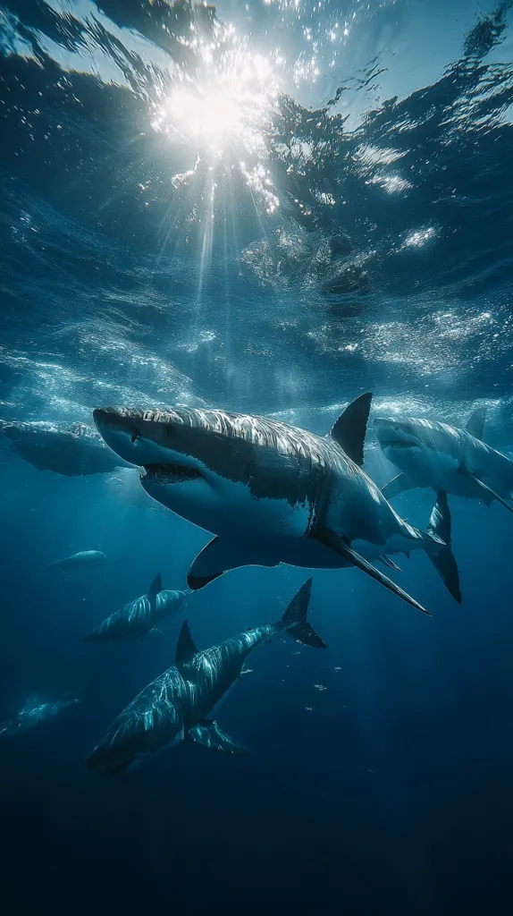 A majestic great white shark dominates the foreground, its silhouette sharply defined against the sunlit surface above.  Smaller sharks swim below, creating a breathtaking underwater scene.  Sunbeams pierce the water, illuminating the scene with ethereal light and highlighting the sharks' powerful forms in the deep blue ocean.