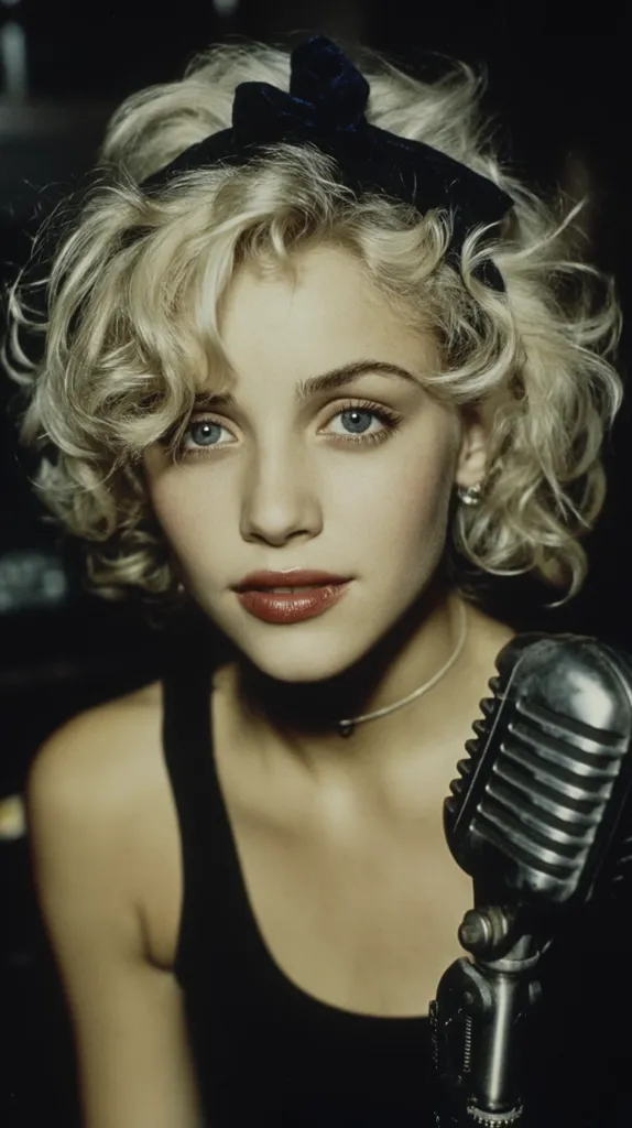 A captivating close-up portrait of a young woman with short, blonde, curly hair styled with a dark headband.  She possesses striking blue eyes and wears a simple black tank top.  A vintage microphone stands prominently in the foreground, suggesting a singing or recording context. Her expression is serene yet alluring, radiating a classic Hollywood glamour.