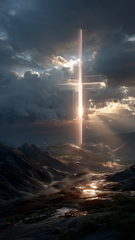 A radiant cross of light pierces a dramatic, cloudy sunset sky.  The ethereal beam descends onto a rugged, mountainous landscape, casting a golden glow on the dark, rocky terrain.  The scene evokes a sense of awe and spiritual significance, the cross appearing as a celestial beacon over a vast and desolate land.  The contrast between the light and the darkness is striking, creating a powerful visual narrative.