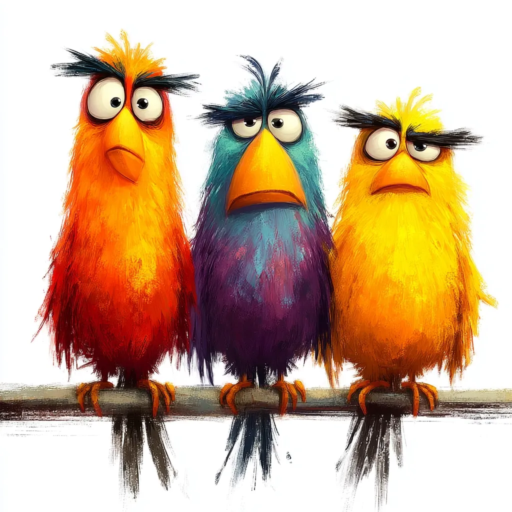 Three stylized birds, perched on a branch, express grumpy expressions.  The bird on the left is orange, the center bird is purple and teal, and the bird on the right is yellow.  Their feathers are painted with a textured, almost furry look, and they share similar scowling features. The background is plain white, highlighting the birds' vibrant colors.