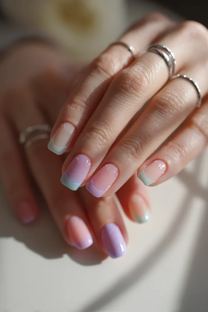 Close-up of well-manicured hands displaying pastel-colored nails.  The nails feature a gradient ombre effect in shades of light pink, lavender, and mint green, accented with delicate white floral designs.  Several simple silver rings adorn the fingers. The image is soft and well-lit, highlighting the subtle colors and textures of the nails and rings.