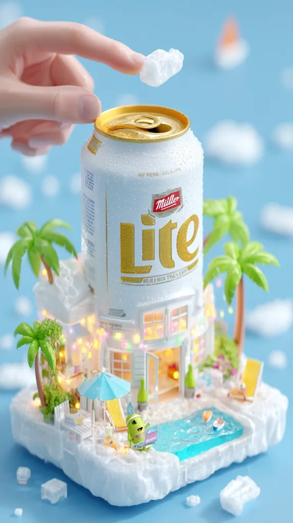 A Miller Lite can is depicted as a miniature beach house, complete with palm trees, a pool, and a relaxing character.  Ice cubes are strategically placed, enhancing the summery scene. The hand adds a final ice cube to the top of the can, suggesting refreshment.  The overall image is playful and visually appealing, promoting a feeling of relaxation and enjoyment.