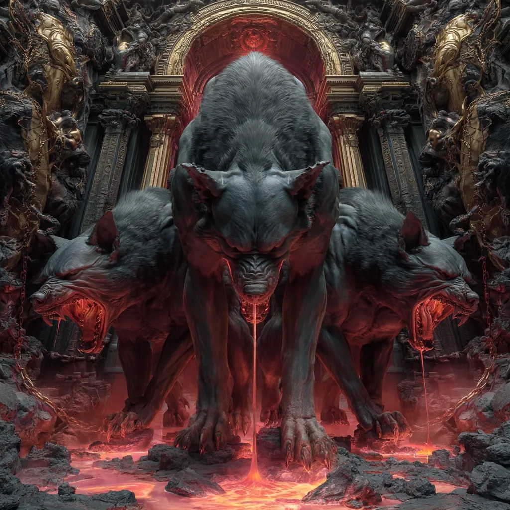 Three massive, dark-furred canines, resembling wolves, stand before a grand, ornate archway.  Molten lava flows from their mouths, pooling at their feet.  The background features elaborate, dark stone architecture, with golden statues adding a contrast of light and shadow. The overall scene is dark and ominous, suggesting a hellish or underworld setting.