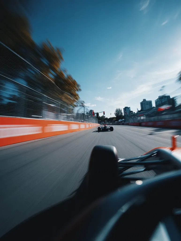 A blurred, first-person perspective from a Formula 1 race car.  The car speeds down the track, passing an orange barrier and another race car ahead.  The background shows a cityscape under a clear blue sky.  The motion blur emphasizes the high speed of the race.