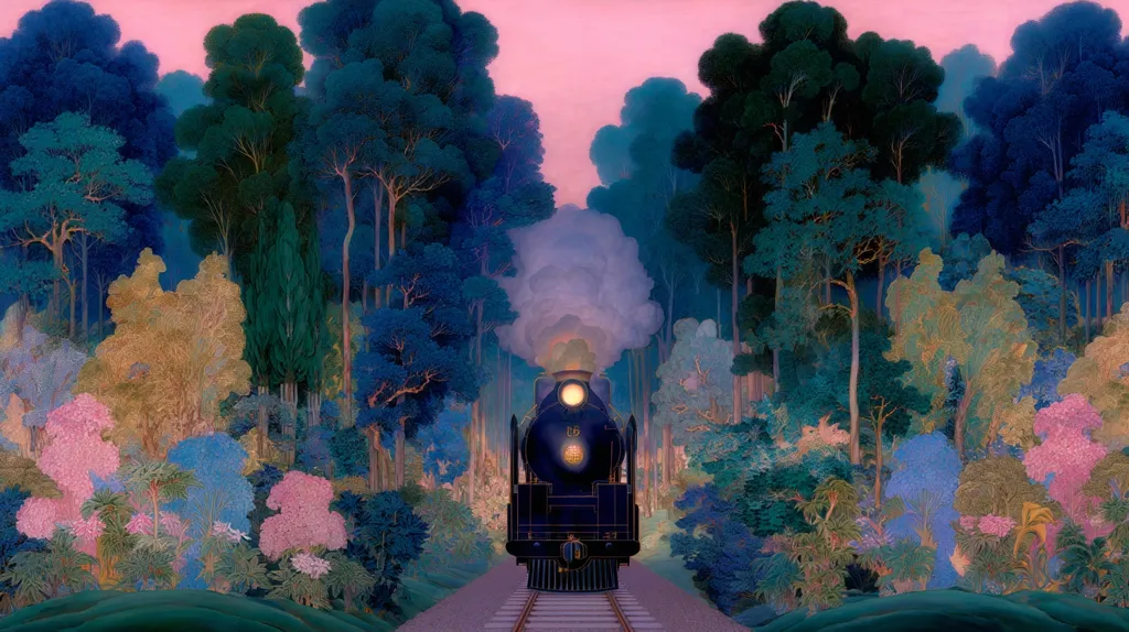 A steam locomotive emerges from a vibrant, stylized forest.  The trees are depicted in rich blues, greens, and purples, contrasting with bursts of pink and gold foliage.  A soft pink sky suggests dawn or dusk. The overall style is dreamlike and evocative, with a strong emphasis on color and atmosphere. The train's presence adds a sense of mystery and journey.