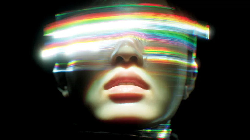 A close-up shot reveals a person's face partially obscured by streaks of vibrant, multicolored light. The light creates a dynamic, almost hypnotic effect, blurring the features yet highlighting the lips and nose.  The overall impression is one of digital distortion or a futuristic, technologically altered reality. The dark background enhances the luminous quality of the light streaks.