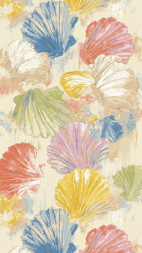 A vibrant illustration features a collection of seashells in various pastel hues.  The shells, sketched with delicate lines and filled with soft colors, overlap and interweave against a creamy background. The design incorporates shades of blue, pink, yellow, and green, creating a whimsical and beachy aesthetic.  A textured, painterly effect adds depth and visual interest to the overall composition.
