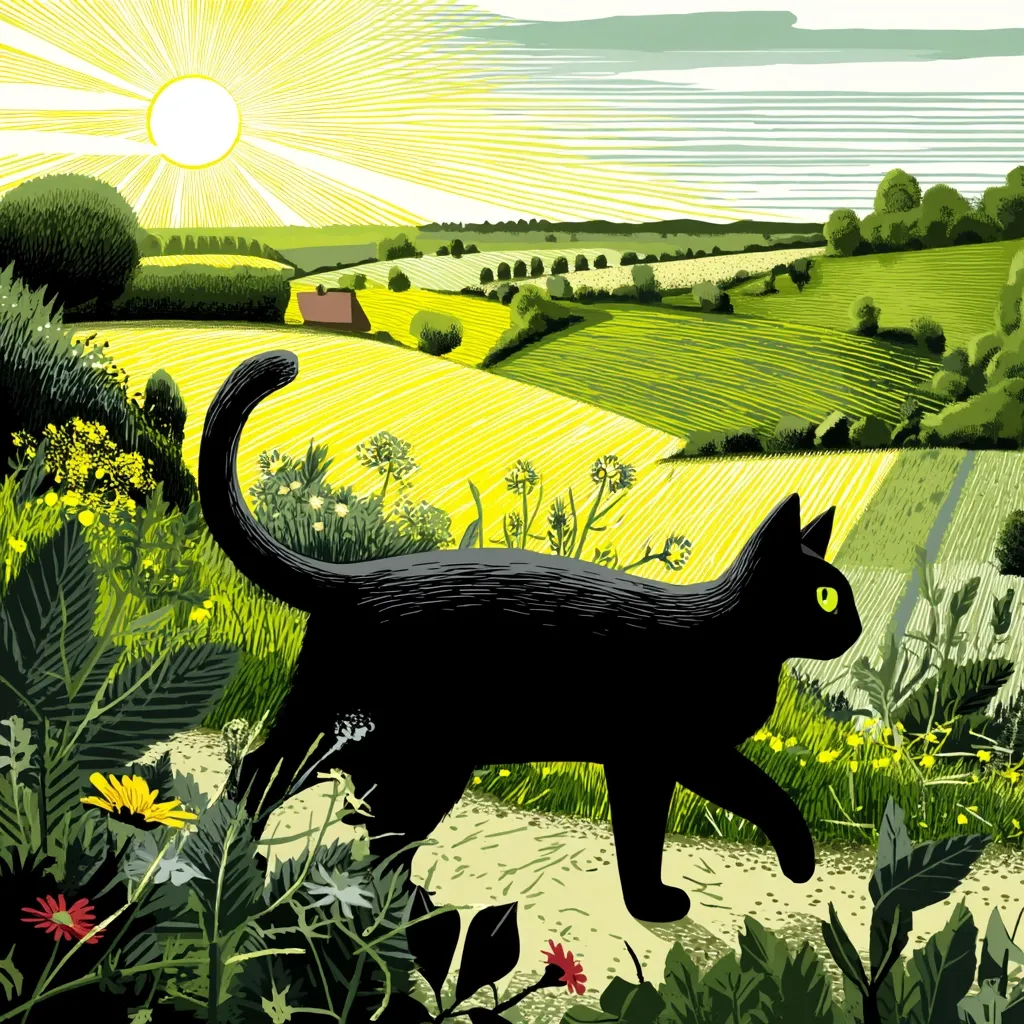 A black cat strolls along a sun-drenched path, its silhouette stark against a vibrant landscape.  Rolling green hills, dotted with yellow fields and hedgerows, stretch to the horizon under a bright sun. Wildflowers bloom along the roadside, creating a lush border around the cat. The scene evokes a sense of rural tranquility and summer warmth.