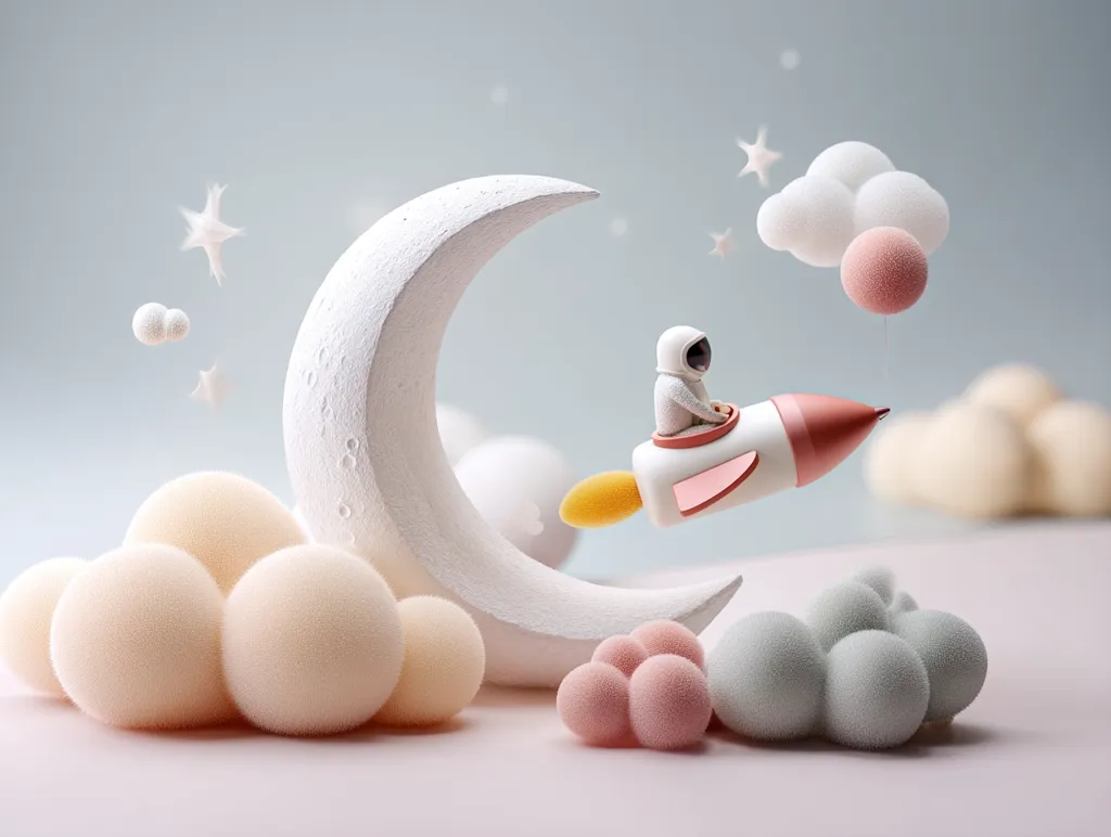 A whimsical 3D rendering depicts a tiny astronaut in a miniature rocket soaring past a crescent moon.  Fluffy, pastel-colored clouds and stars drift in the background, creating a dreamy, childlike scene. The overall aesthetic is soft, calming, and evokes a sense of wonder and adventure.