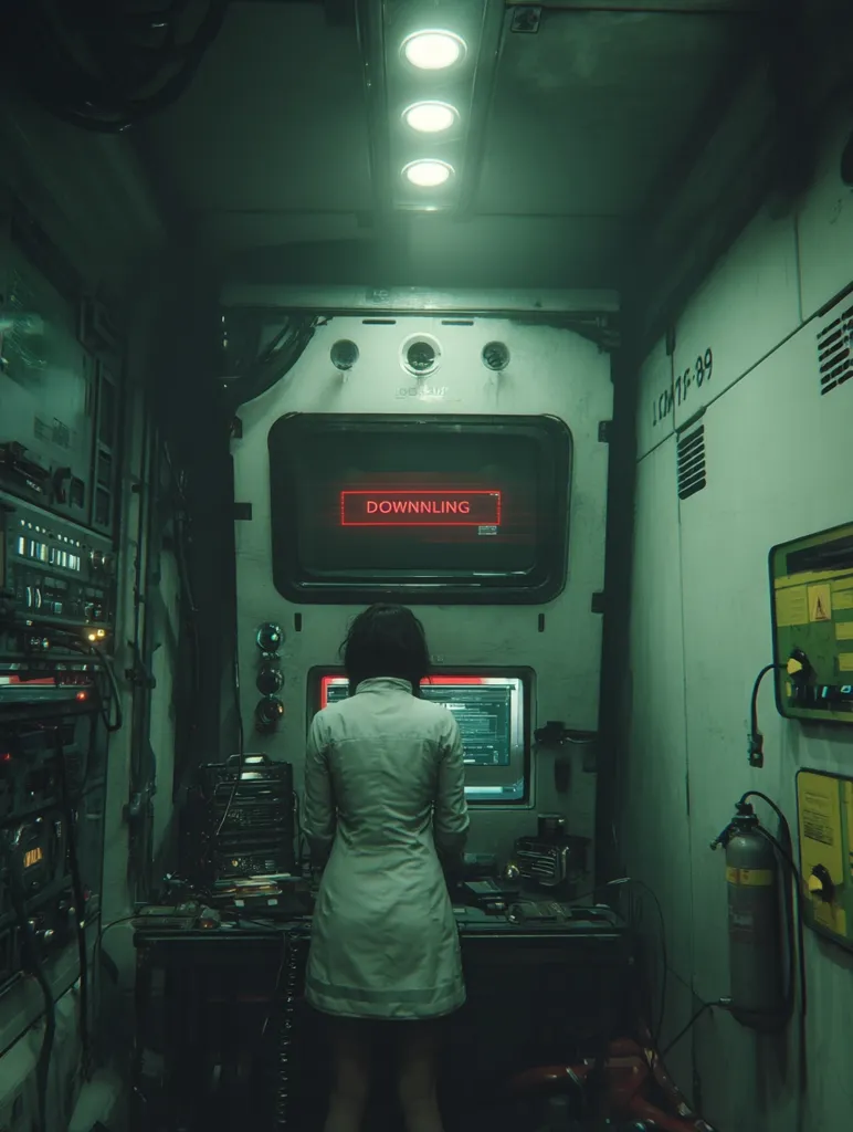 A woman in a lab coat stands before a large console in a dimly lit, futuristic control room.  The console displays "DOWNLING" in red, suggesting a system shutdown.  Surrounding equipment hints at a complex, possibly scientific or technological, operation. The overall atmosphere is dark, mysterious, and technologically advanced.