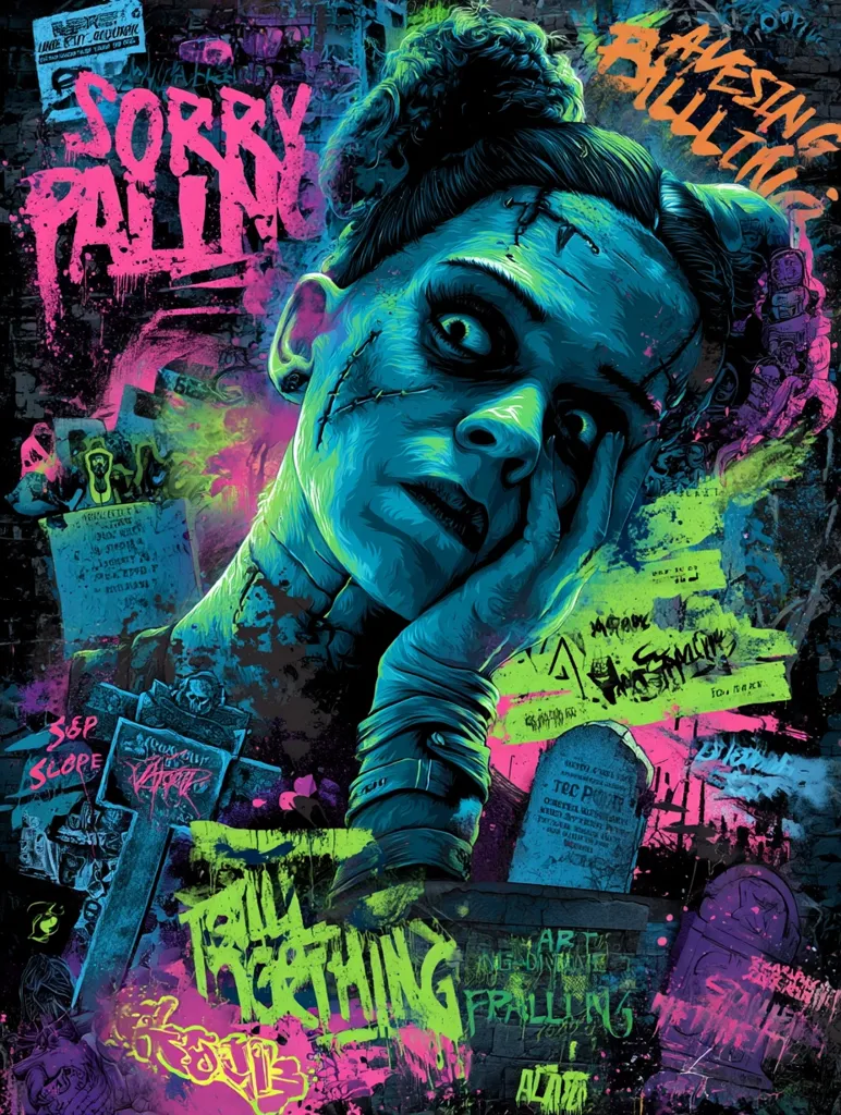 A vibrant, grunge-style illustration features a stylized Frankenstein's monster-esque woman, her face partially obscured by her hand.  The image is overlaid with graffiti-style text including "Sorry Paling" and "Ravening Killing," along with various other markings, tombstones, and distressed textures, creating a chaotic yet captivating aesthetic.  The color palette is primarily teal, pink, and neon green.