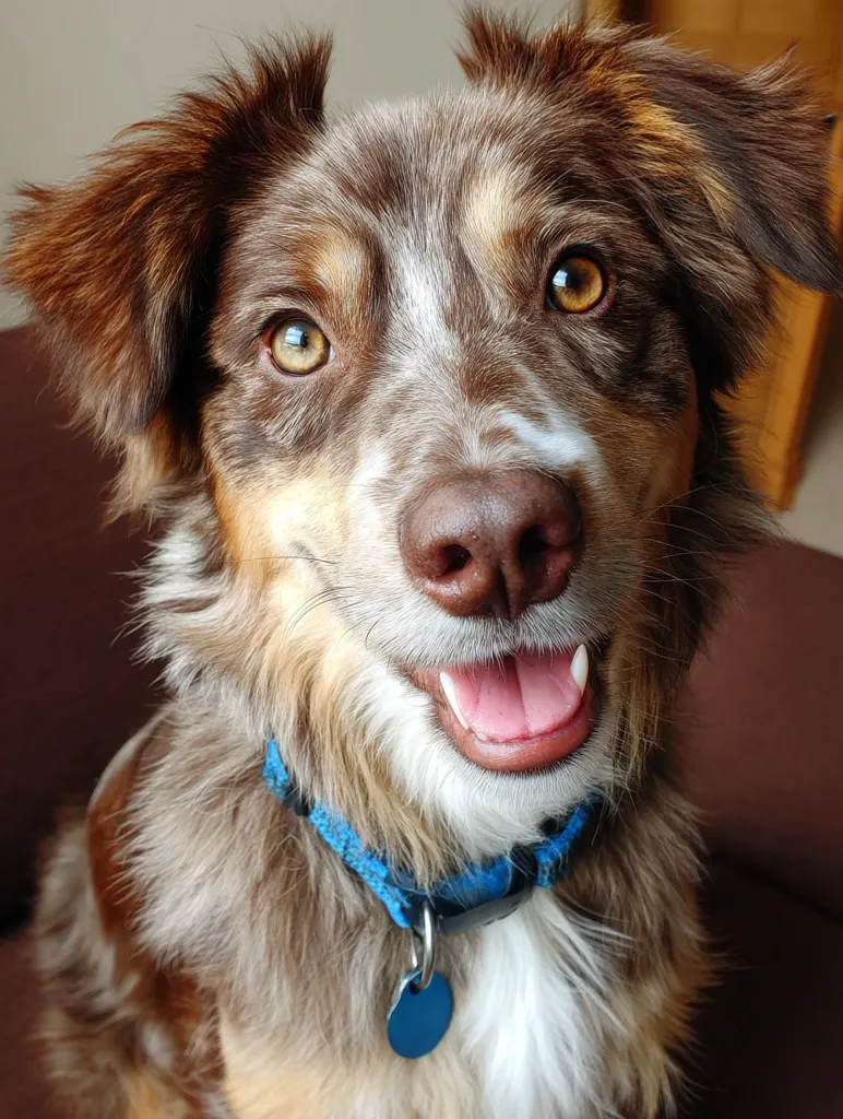 A charming red merle Australian Shepherd puppy gazes directly at the camera, its mouth slightly open in a happy expression.  The dog's fur is a blend of red, brown, and white, with expressive golden eyes. It wears a blue collar with a circular tag. The puppy's playful demeanor is evident in its pose and bright eyes.