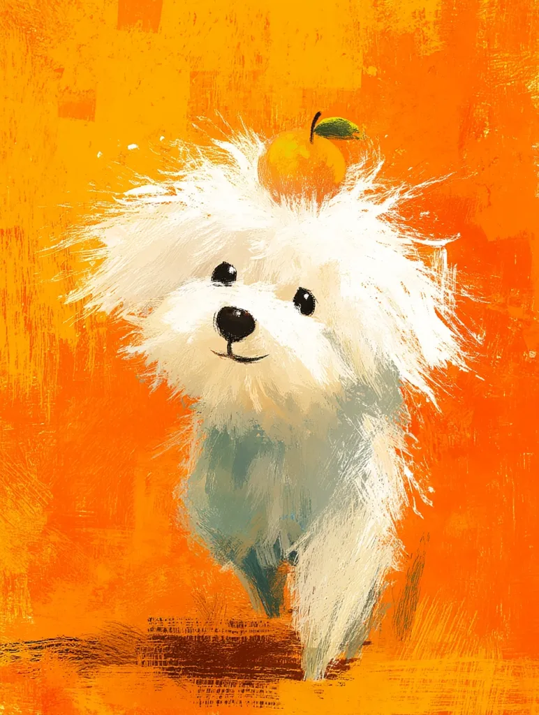 A charming painting depicts a fluffy white dog, possibly a Maltese, with a small orange perched atop its head.  The dog's expression is sweet and innocent.  The background is a vibrant, textured orange, adding to the artwork's playful and expressive style. The painting is executed with visible brushstrokes, giving it a loose and impressionistic feel.