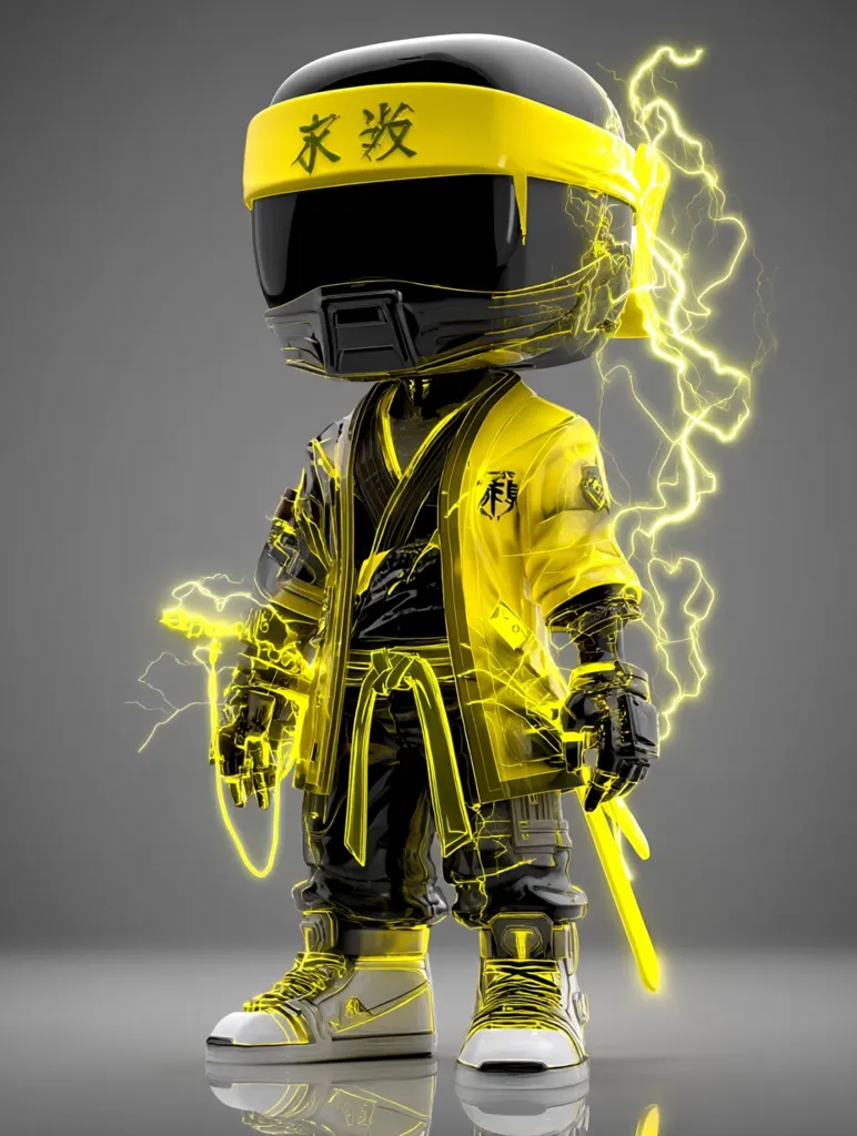 A stylized 3D rendering of a chibi-like character, possibly a futuristic ninja.  The figure is predominantly yellow and black, wearing a helmet with Japanese kanji, a gi, and high-top sneakers.  Electric bolts surround it, enhancing a dynamic and energetic feel. The design blends traditional Japanese aesthetics with contemporary streetwear elements and futuristic technology.