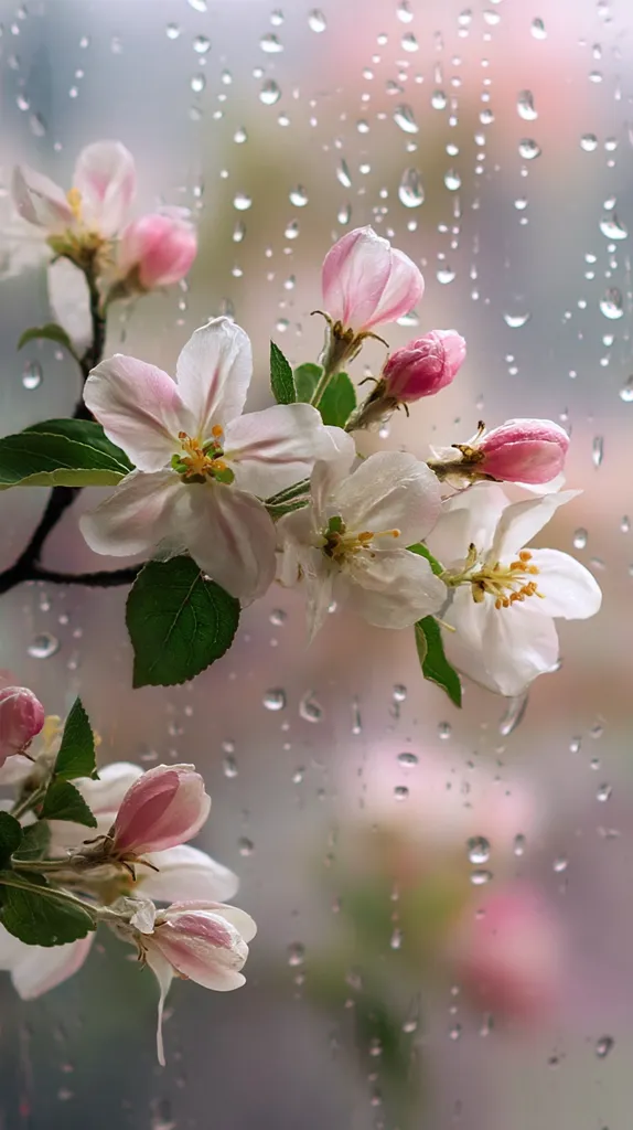 Delicate pink and white apple blossoms are seen through a rain-covered window.  Raindrops cling to the glass, creating a soft, blurry background. The flowers, in various stages of bloom, are clustered on a branch with vibrant green leaves.  The overall image evokes a sense of springtime serenity and the beauty of nature amidst a gentle rain.