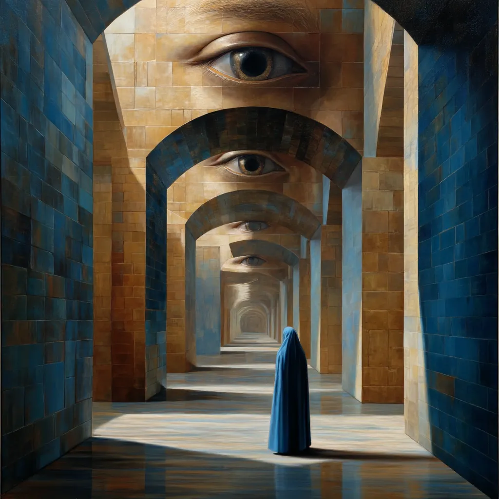 A surreal painting depicts a cloaked figure standing in a long, arched hallway.  Giant eyes, seemingly embedded in the architectural structure, line the corridor, creating a sense of overwhelming observation. The hallway's walls are a blend of warm beige and cool blue tiles, leading to a vanishing point in the distance. The scene evokes feelings of mystery, introspection, and possibly surveillance.