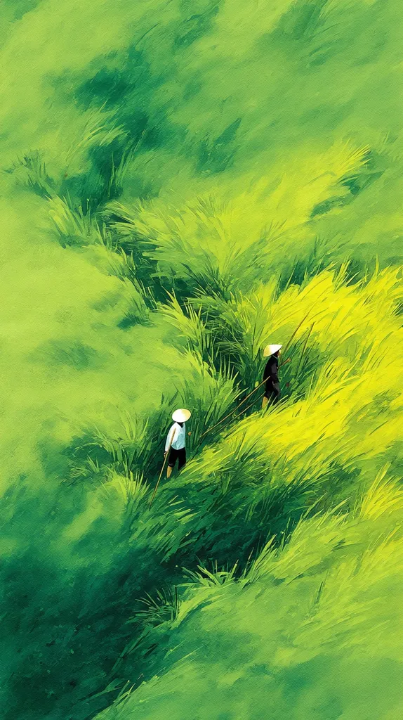 A vibrant painting depicts two figures, clad in dark clothing and conical hats, traversing a lush green field.  The tall grass, rendered in varying shades of green and yellow, dominates the composition.  The brushstrokes are visible, adding texture and depth to the scene, creating a sense of movement and vibrancy. The overall mood is serene and evocative of rural life.