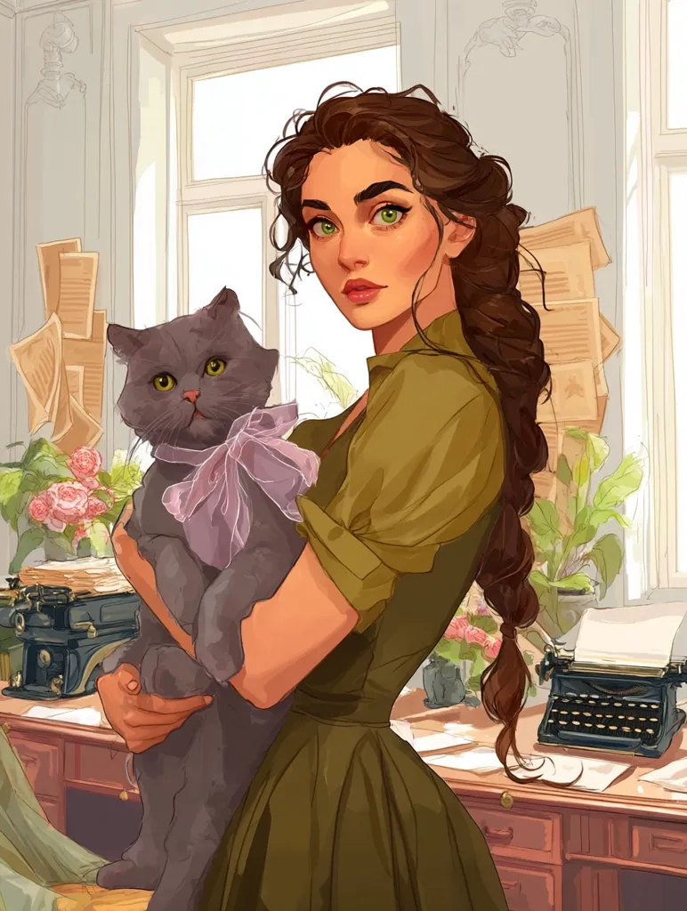 A young woman with long brown hair braided down her back, holds a grey cat adorned with a lavender ribbon. She wears a muted olive green dress.  The setting is a vintage-styled room, with typewriters and stacks of papers suggesting a writer's workspace.  Flowers and natural light from a window illuminate the scene, creating a calm and nostalgic atmosphere.