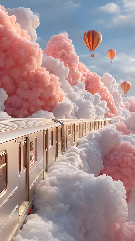A long, metallic subway train travels through a whimsical landscape of fluffy pink and white clouds.  Several hot air balloons drift peacefully in the sky above. The scene is surreal and dreamlike, evoking a sense of wonder and tranquility.  The pastel colors and soft textures create a calming and fantastical atmosphere.