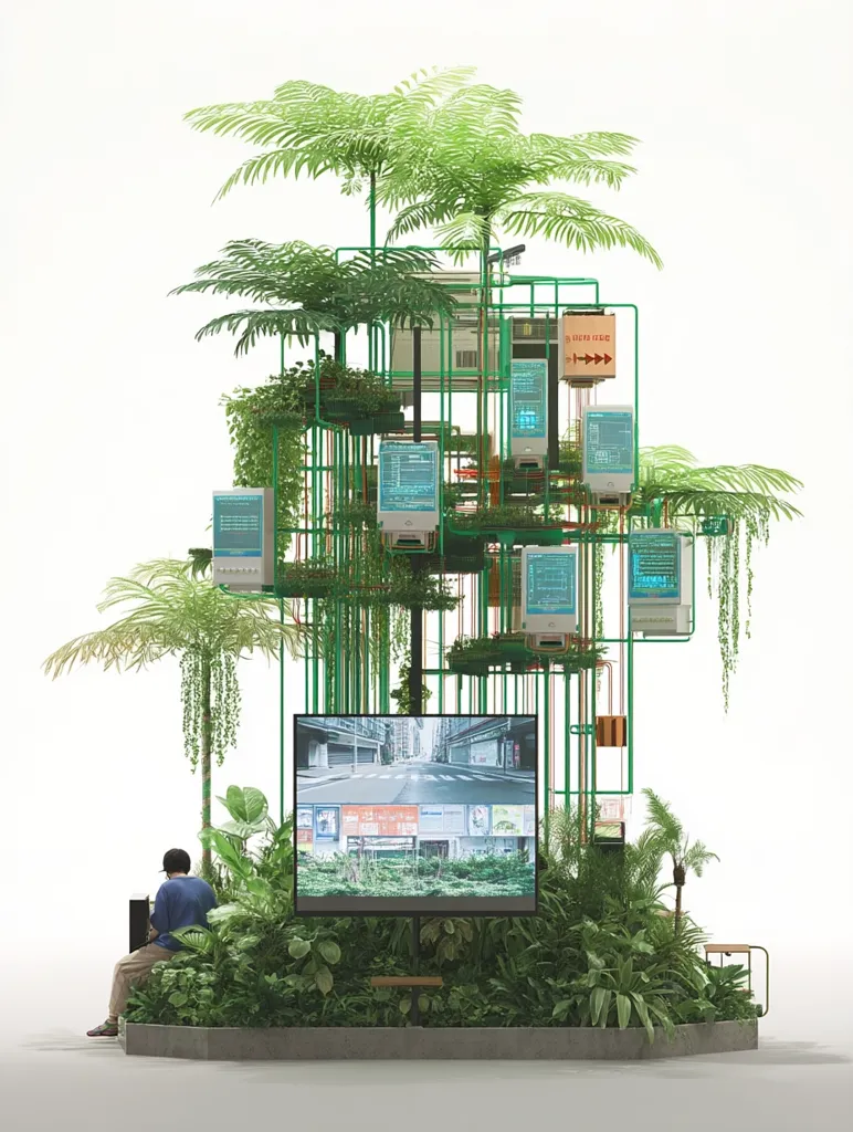 A lush, tropical garden envelops a complex network of computer components and wiring.  A large screen displays a city street scene, while a person sits calmly amidst the greenery. The structure suggests a harmonious blend of nature and technology, creating a unique and serene environment.  The overall aesthetic is clean, modern, and somewhat surreal.