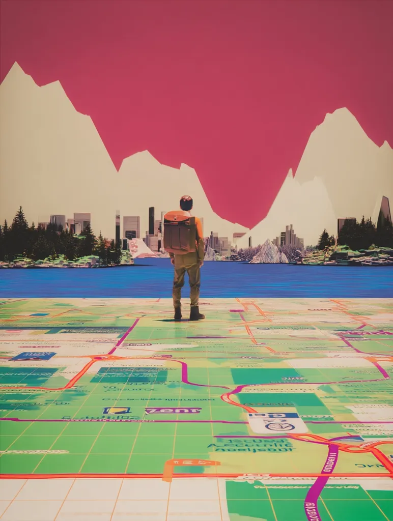 A lone figure with a backpack stands on a giant map, gazing at a stylized cityscape nestled between surreal, jagged mountains under a vibrant pink sky.  The map details roads and landmarks, suggesting a journey or exploration. The overall aesthetic is a blend of retro-futurism and surrealism, creating a dreamlike atmosphere.