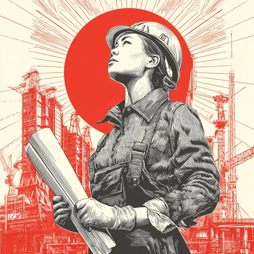 A stylized illustration depicts a female construction worker, head held high, gazing upward.  She's clad in overalls and a hard hat, holding blueprints.  The background showcases a vibrant red sunburst and a detailed sketch of a bustling construction site filled with towering cranes and buildings, creating a powerful image of industry and ambition.