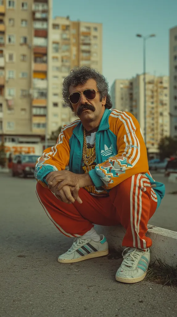 A man with a mustache, wearing sunglasses and an Adidas tracksuit in teal and orange, crouches on a curb. He sports numerous gold chains around his neck.  The backdrop features a row of apartment buildings, suggesting an urban setting. The image has a vintage or retro feel.