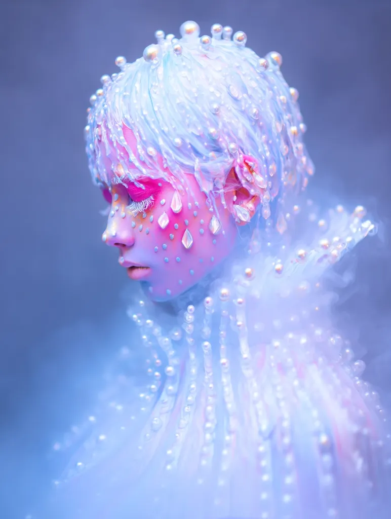 A person is shown with elaborate makeup and costume.  Their hair is styled with iridescent pearls, cascading down to resemble melting ice or water.  Pink and white makeup creates a dreamy, ethereal effect, accented with teardrop-shaped embellishments.  The overall impression is otherworldly and fantastical. The model appears to be partly submerged in a light blue fog or mist, enhancing the mystical atmosphere.