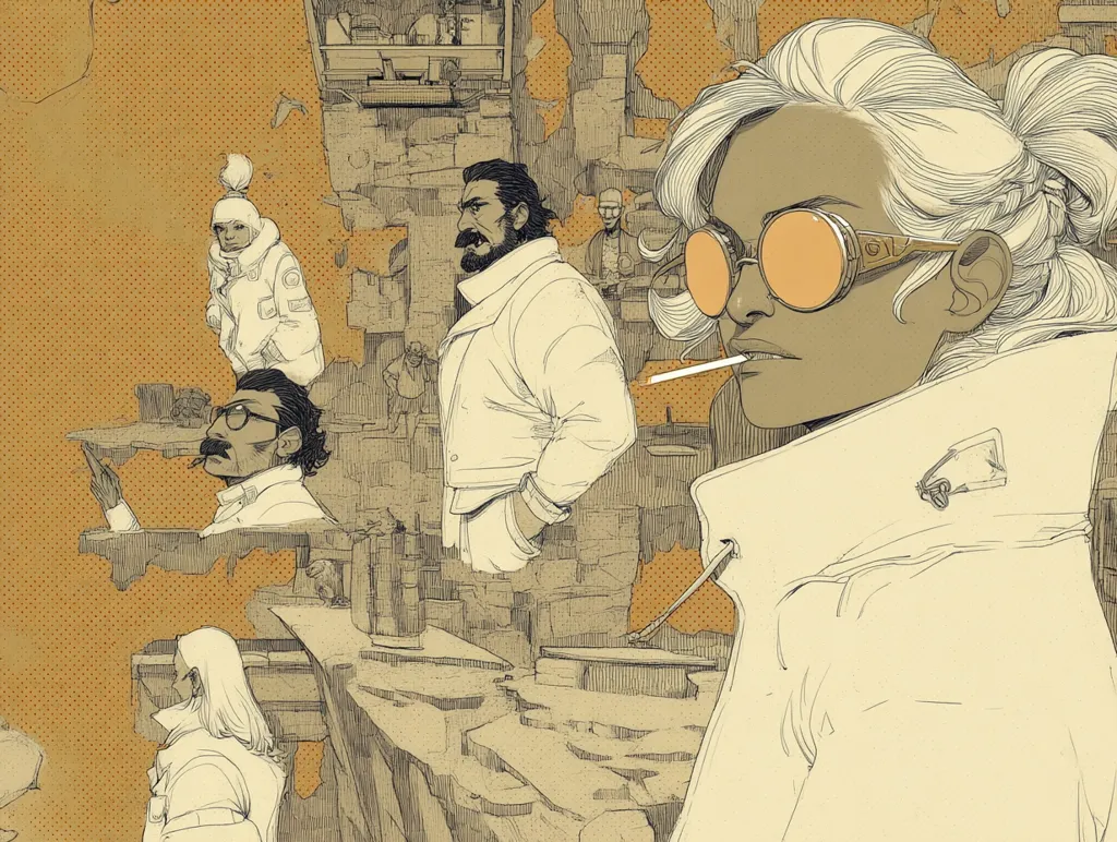 A stylized illustration depicts a group of figures in muted beige and ochre tones against a textured background. A central female figure with blonde hair and goggles, smoking a cigarette, dominates the scene.  Surrounding her are several other individuals in similar attire, possibly in a post-apocalyptic or futuristic setting, amidst crumbling structures. The overall style is reminiscent of graphic novel artwork.