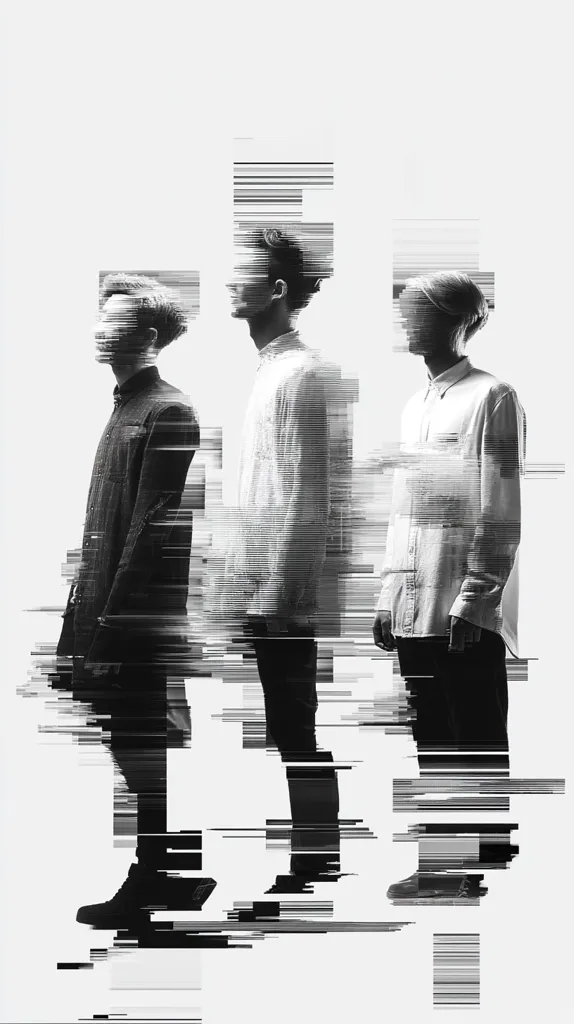 Three figures stand in profile, their bodies partially obscured by a digital glitch effect creating horizontal black lines across the image. They are dressed in long-sleeved shirts and trousers, appearing stylish and modern.  The monochrome palette enhances the mysterious and somewhat distorted aesthetic. The overall impression is one of anonymity and digital fragmentation.