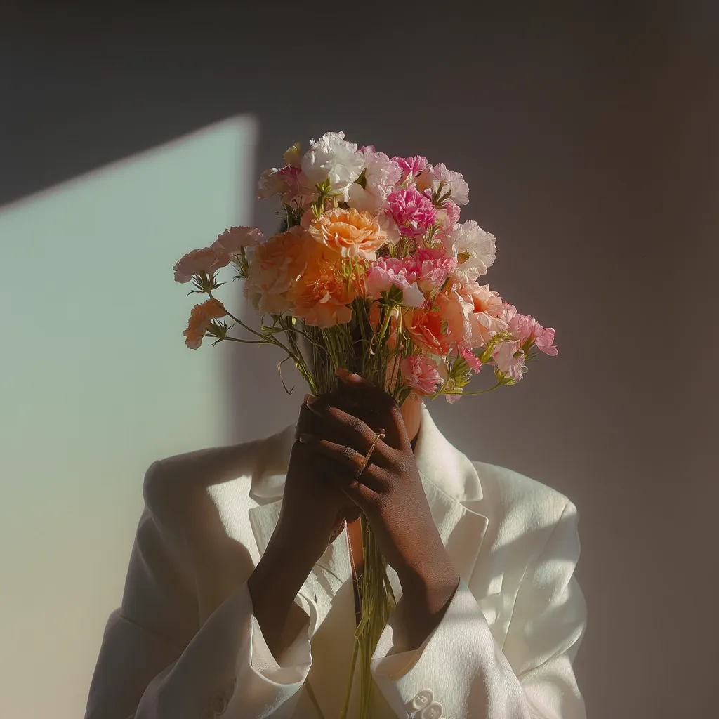 A person in a white blazer holds a vibrant bouquet of flowers to their face, obscuring their features.  The flowers are a mix of peach, pink, and white, creating a soft and romantic contrast against the crisp white fabric.  Sunlight casts shadows, highlighting the texture of both the clothing and the delicate petals. The overall aesthetic is serene and stylish.