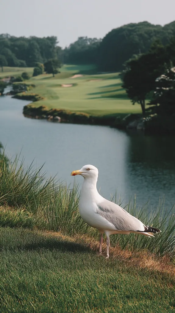 A seagull stands on a grassy hill overlooking a tranquil river winding through a lush green golf course.  The background features a verdant landscape with mature trees and rolling hills under a clear sky. The scene is peaceful and serene, showcasing the bird in a natural, picturesque setting.