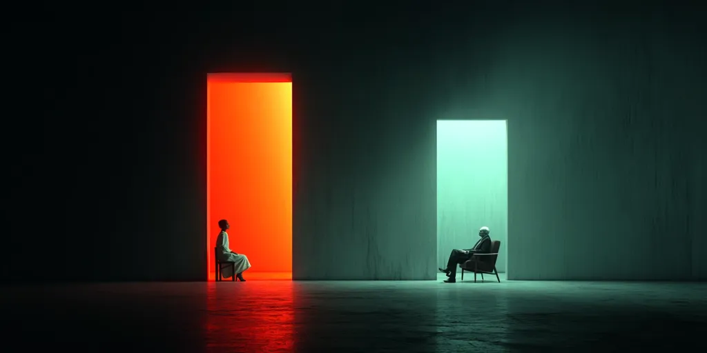 A minimalist scene depicts two figures seated in chairs, positioned opposite each other across a large, empty room.  A woman sits before a vibrant orange doorway, while a man sits before a cool, teal doorway.  The stark contrast in colors and the figures' isolated postures create a sense of distance and perhaps, opposing perspectives or choices.  The overall mood is one of contemplation and separation.