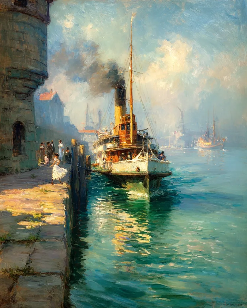 A vibrant Impressionist painting depicts a bustling harbor scene. A paddle steamer, billowing smoke, is the focal point, approaching a stone quay where figures stand.  The water reflects the sunlight, creating a lively play of light and color.  Other ships and buildings are visible in the background, adding depth to the atmospheric portrayal of a busy port. The overall mood is one of sun-drenched activity and maritime life.