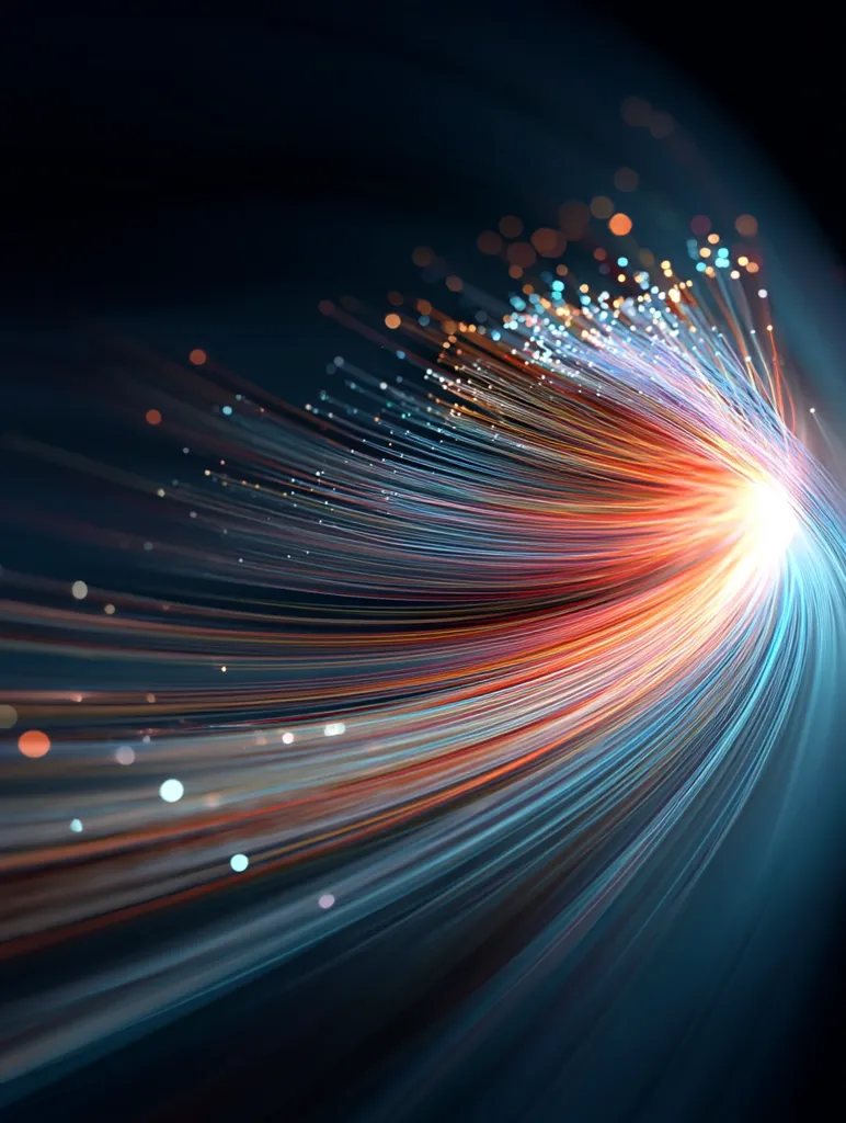A mesmerizing abstract image depicts a radiant burst of light, resembling a multitude of glowing fibers converging and diverging in a dynamic, curved motion.  The colors shift from cool blues and teals to warm oranges and reds, creating a vibrant and energetic visual effect against a dark backdrop.  The luminous strands appear to emanate from a central point, suggesting speed, connection, and technological advancement.
