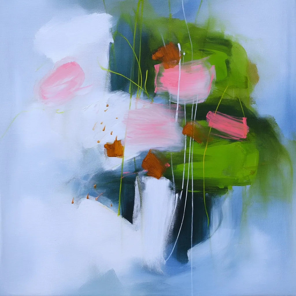 An abstract painting featuring soft pastel hues.  Blushes of pink and white are layered over a muted blue background, contrasted by strokes of vibrant green and touches of burnt orange.  Loose brushstrokes create a sense of movement and fluidity, suggesting a dreamy, ethereal atmosphere.  The composition is balanced yet spontaneous, evoking a feeling of lightness and tranquility.