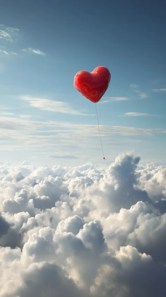 A large, red heart-shaped balloon floats serenely above a vast expanse of fluffy white clouds under a clear blue sky.  The balloon is tethered by a thin string, suggesting a connection to something below, lost in the airy landscape. The scene evokes a sense of lightness, freedom, and perhaps, distant longing.