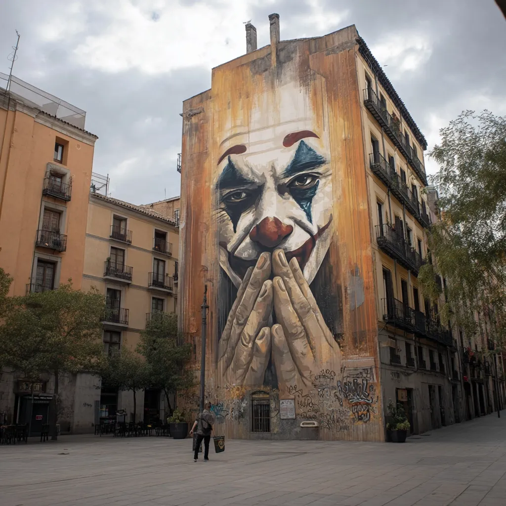 A large mural depicting the Joker from the movie "Joker" covers the side of a building in a city.  The building is a multi-story apartment complex with balconies.  A person walks in the quiet square in front of the mural, which is surrounded by other buildings and trees.  The overall tone is somewhat somber, possibly reflecting the Joker's character.  The mural is realistic and detailed, covering most of the building's facade.
